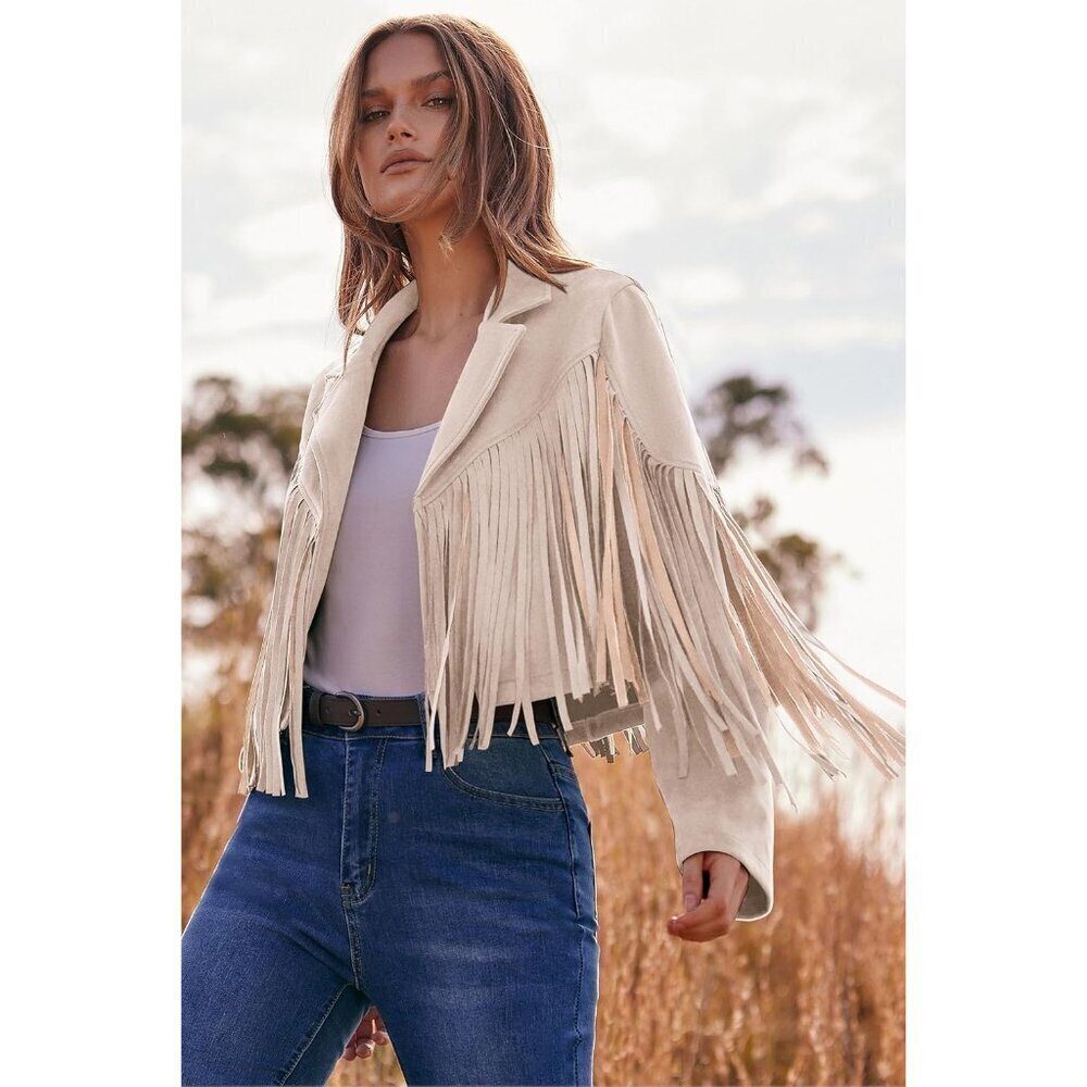 Women's Beige Apricot Fringe Faux Suede Leather Tassel Motorcycle Cropped Jacket - Picture 4 of 9